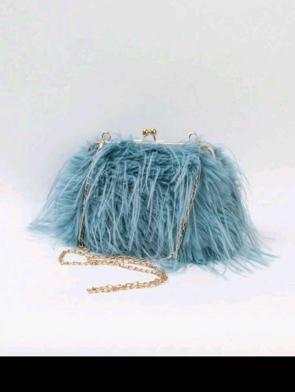 SALE ** BRAND NEW ** Elegant Blue Faux Fur Clutch with Chain Strap